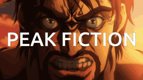 a cartoon of a man with a beard and the words peak fiction above him