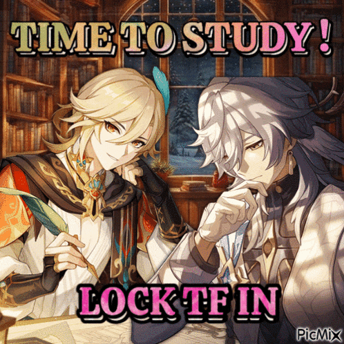 a picture of two anime characters with the words time to study lock tf in below them