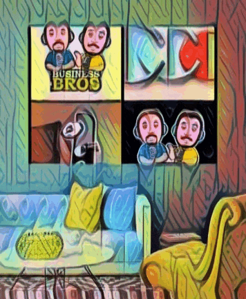 a painting of a living room with a couch and a chair with a business bros poster on the wall