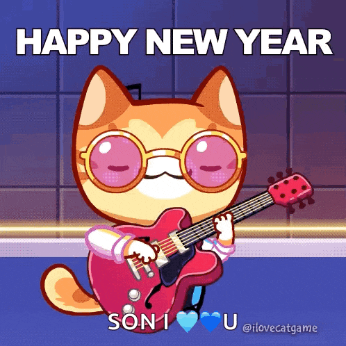 a cartoon cat playing a guitar with the words happy new year