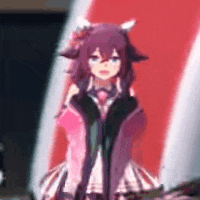a purple haired anime girl with horns is standing in front of a red and white wall .