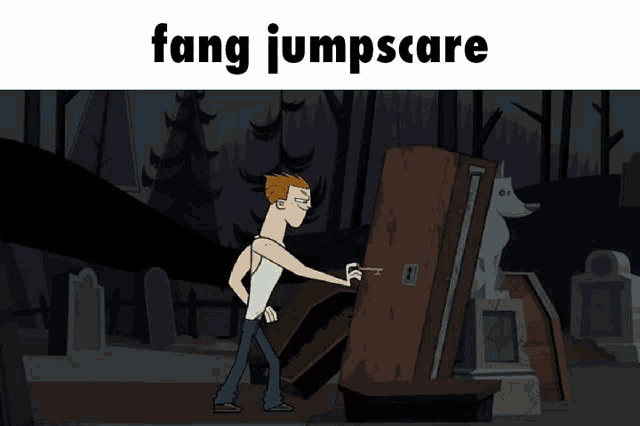 a cartoon of a man standing next to a shark with the words " fang jumpscare " below it