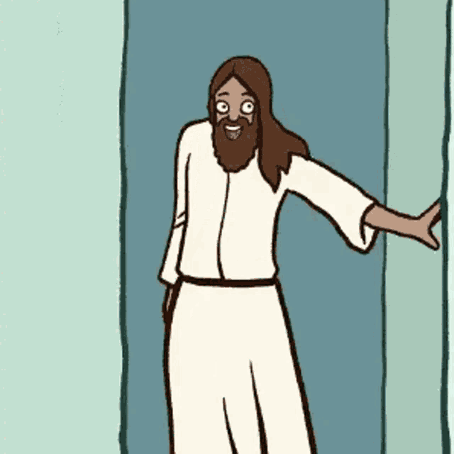 a cartoon of jesus standing in a doorway with his arms outstretched