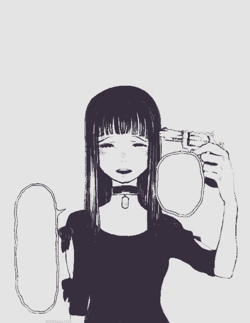 a black and white drawing of a girl holding a gun with the words i was glad to have had above her