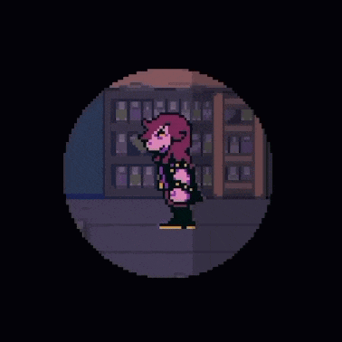 a pixel art of a girl drinking a drink from a bottle in a store .