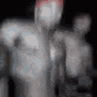 a black and white photo of a person 's torso with a red spot on the head .