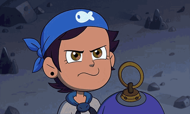 a cartoon character wearing a blue bandana with an x on it