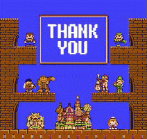 a video game screen with a thank you sign