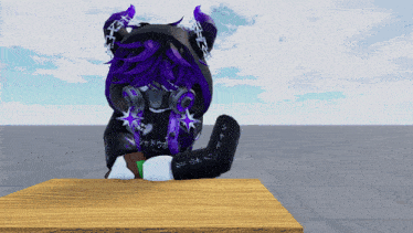 a cartoon character with purple hair sits on a table