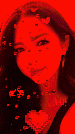 a woman 's face is surrounded by orange hearts and the word hi