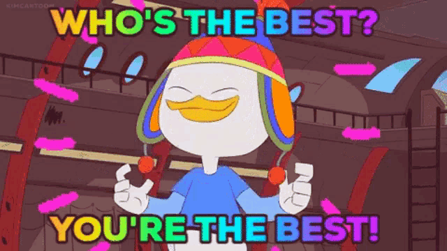 a cartoon character is holding a lollipop and says who 's the best you 're the best .