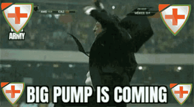 a man in a suit is jumping in the air with the words big pump is coming below him