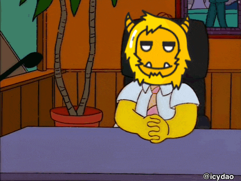 a cartoon character is sitting at a desk with his hands folded in front of him