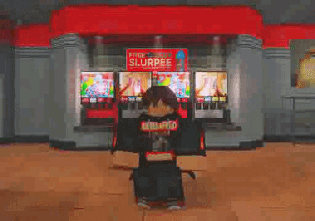 a video game character is standing in front of a slurpee machine .