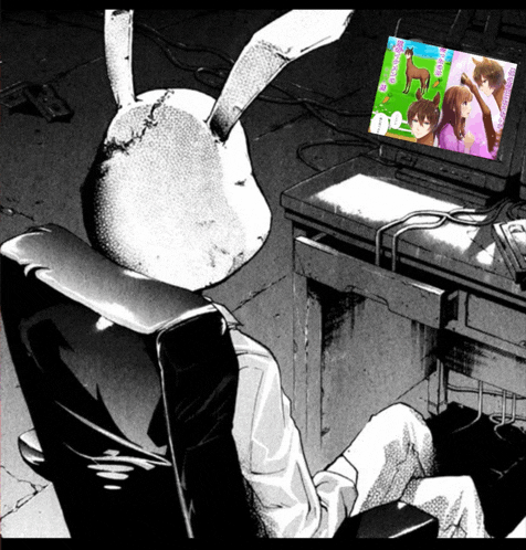 a black and white drawing of a rabbit sitting in front of a computer screen