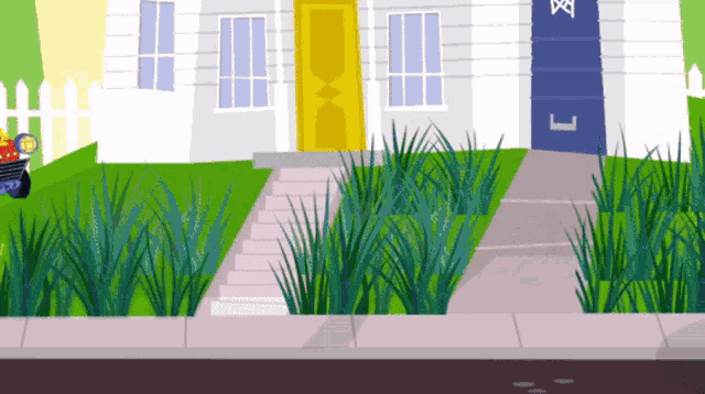 a cartoon drawing of a house with a blue door and the letter c on it