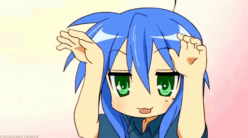 a cartoon girl with blue hair and green eyes is making a face