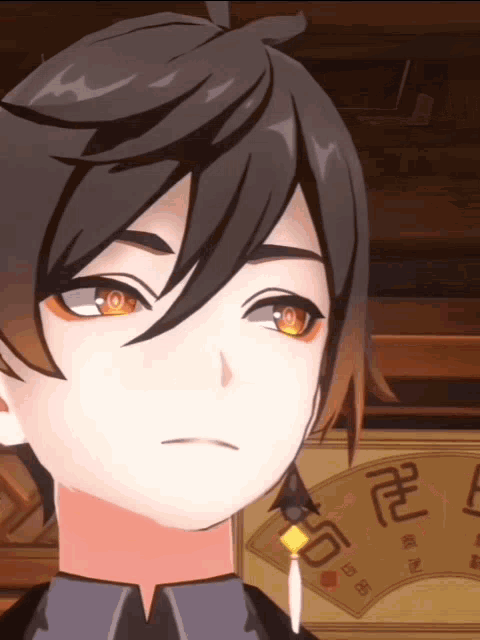 a close up of a cartoon character 's face with chinese writing on the wall behind him