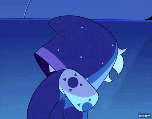 a cartoon character is wearing a purple and blue hooded jacket
