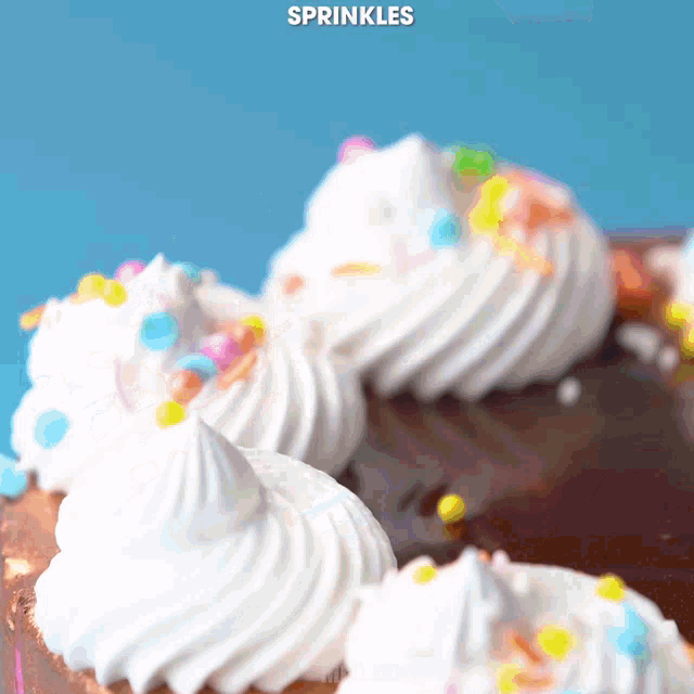 a chocolate cake with whipped cream and sprinkles and the word sprinkles above it