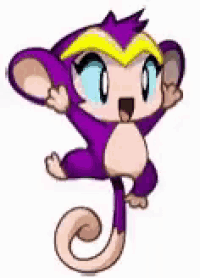 a purple monkey with blue eyes and a yellow headband is standing on one leg .