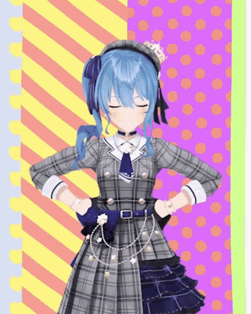 a girl with blue hair is wearing a plaid dress and a crown