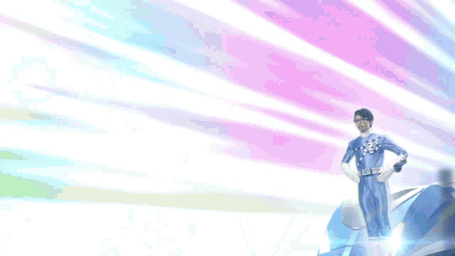a man in a blue and white superhero costume is standing in front of a blue and pink background .