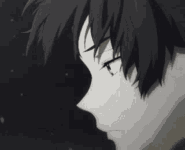 a close up of a person 's face in a black and white anime scene .