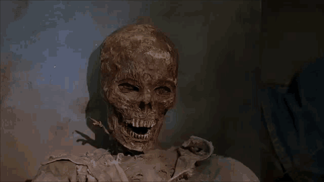 a close up of a mummy 's face with a bottle of pills in the background