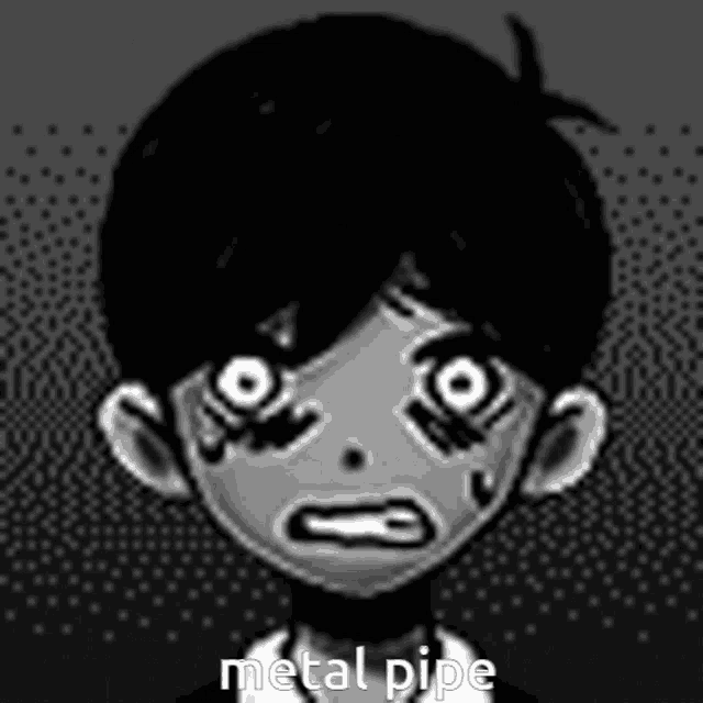 a black and white drawing of a boy with big eyes and the words `` metal pipe '' .