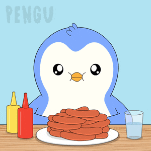 a penguin is sitting at a table with a plate of pancakes and ketchup and mustard bottles