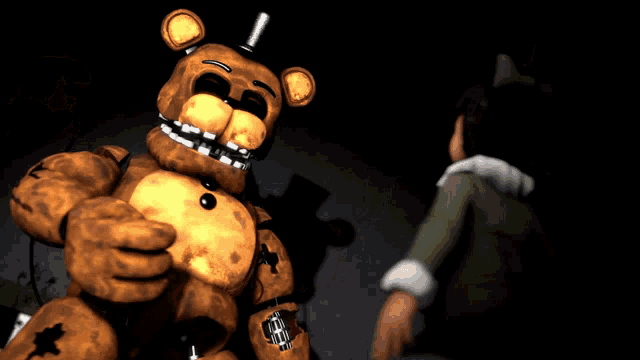a brown teddy bear is standing next to a person in a green jacket