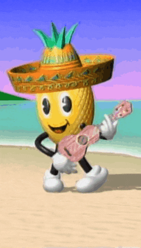 a cartoon pineapple wearing a sombrero and holding an ukulele on the beach