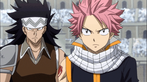 two anime characters standing next to each other with one wearing a scarf around his neck