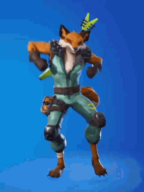 a fox in a green jumpsuit with the word fox on the knee