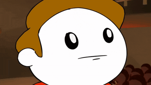 a white cartoon character with a brown hat and black eyes