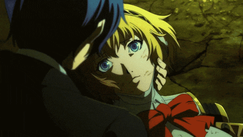 a girl with a red bow on her head is being held by a man with blue hair