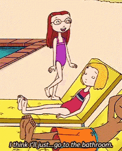 a cartoon of a man laying on a beach chair with the words i think i 'll just go to the bathroom