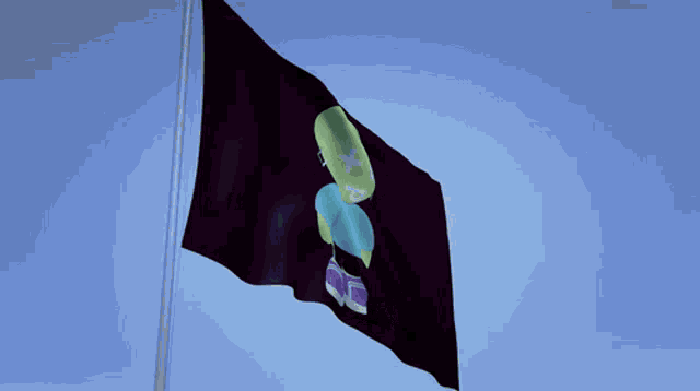 a black flag with a green and blue cartoon character on it