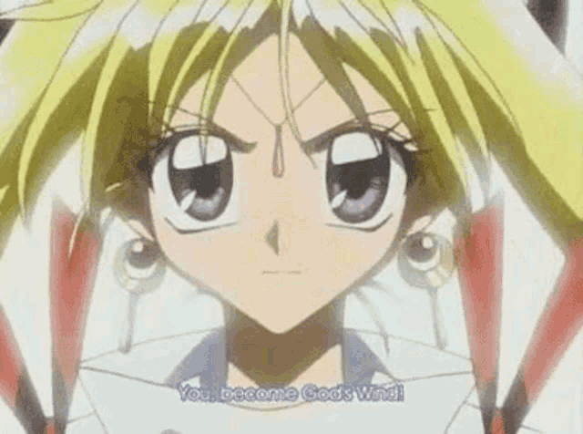 a girl with blonde hair and purple eyes says you become gods wind .