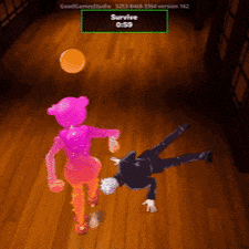 a video game shows a man laying on the floor and a woman running