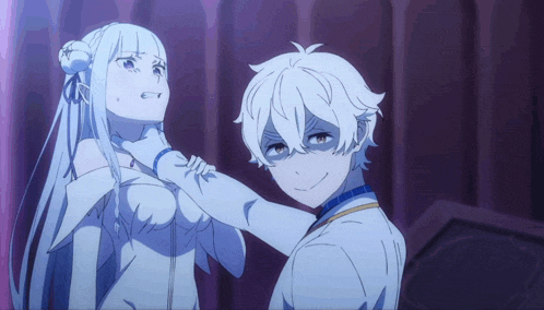a man and a woman are standing next to each other and the man is holding the woman 's neck