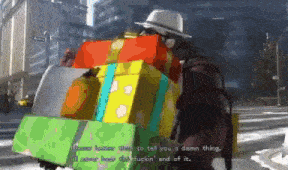 a man in a hat is carrying a stack of presents on a city street