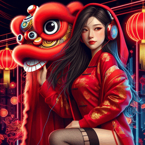 a woman wearing headphones holds a lion head