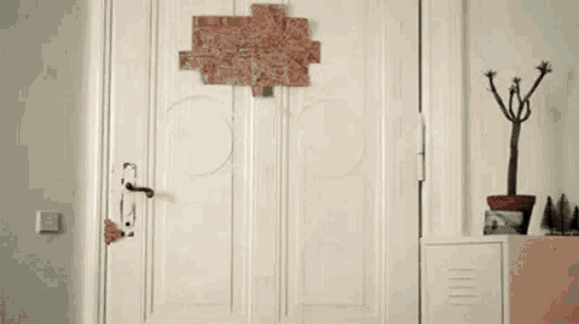 a man is peeking out from behind a door in a living room .
