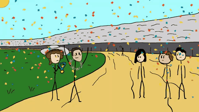 a stick figure drawing of a woman holding a trophy