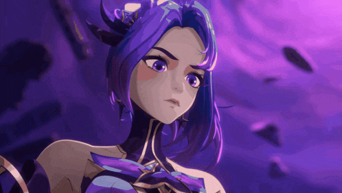 a woman with purple hair and a purple background