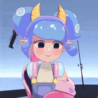 a cartoon drawing of a girl with horns and headphones on her shoulders