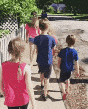 a group of children walking down a sidewalk on a sunny day
