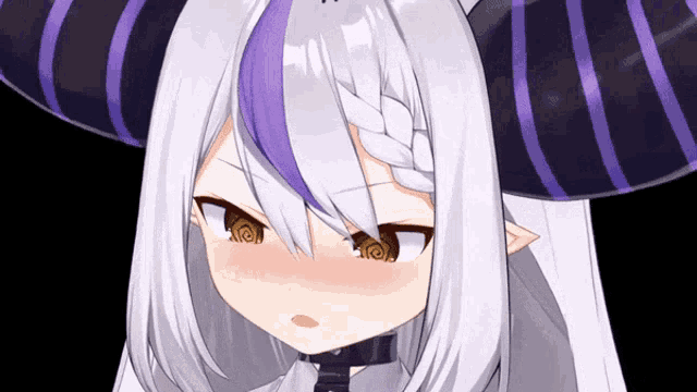 a close up of a cartoon character with purple hair